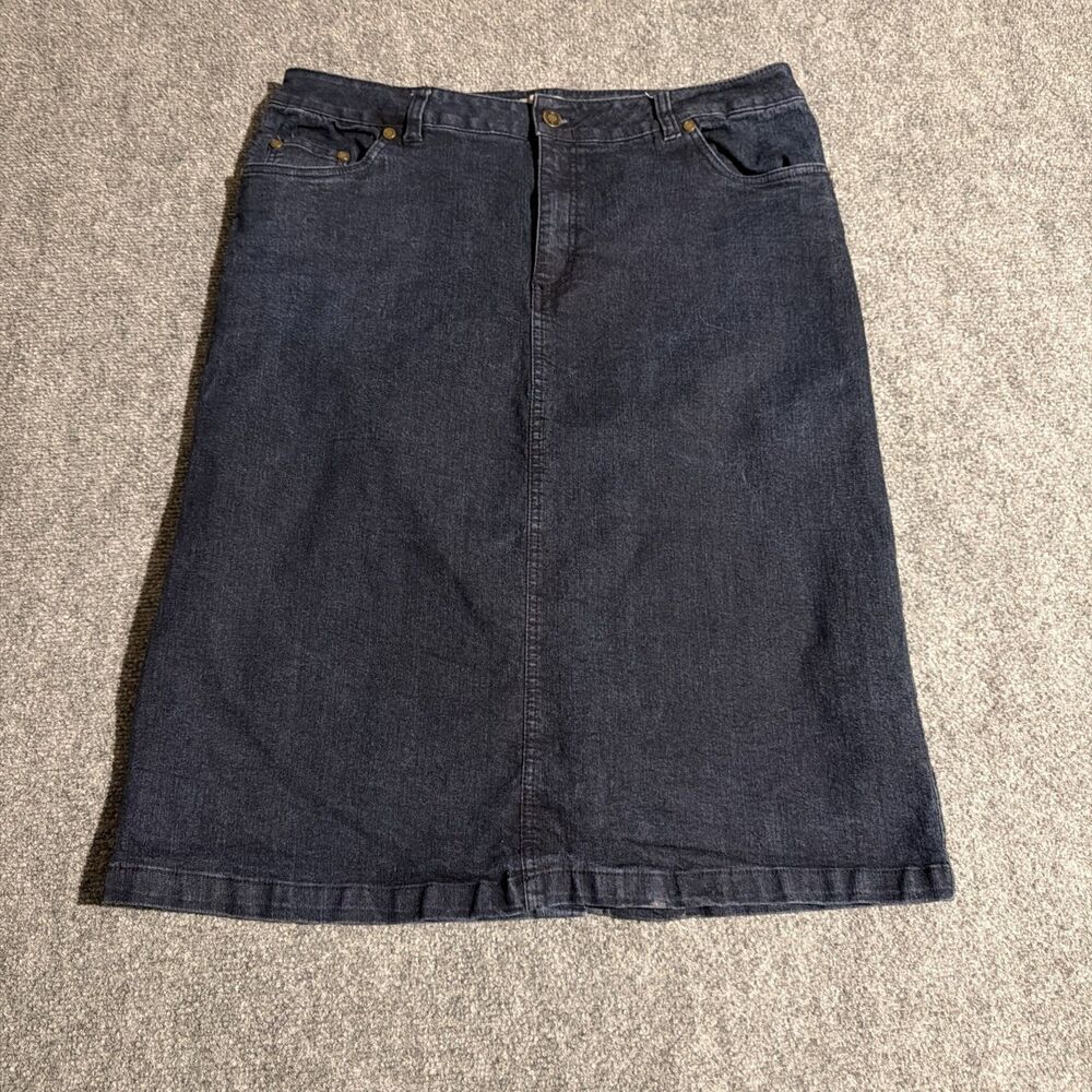 Woman Within Denim Skirt Women's 14W Dark Blue Rear Slit Midi Stretch Pockets